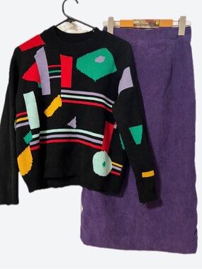 Geometric Pattern Crewneck Sweater & Skirt SET